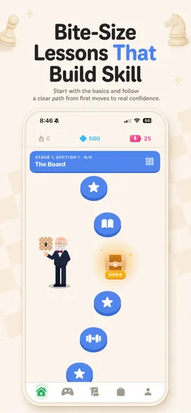 El camino de lecciones de la app, con nodos azules y un cofre por abrir