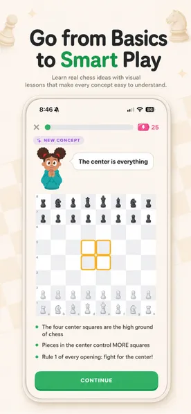 Lección de táctica en la app, con el centro del tablero resaltado