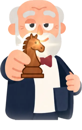 GM Bora, el profesor de ajedrez de la app, sosteniendo un caballo de madera
